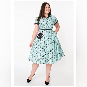 Unique Vintage Atomic Cat Martini Print Blue Dress Size 16